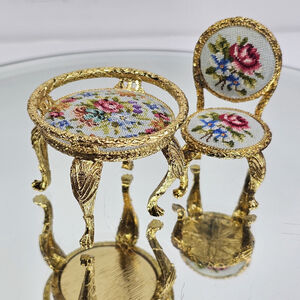 Miniature Table Chair Petit-Point Embroidery Gold Tone Dollhouse Furniture Doll